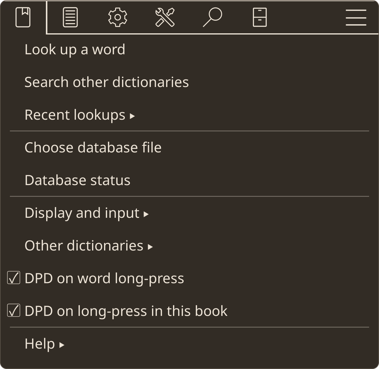 the DPD menu in KOReader