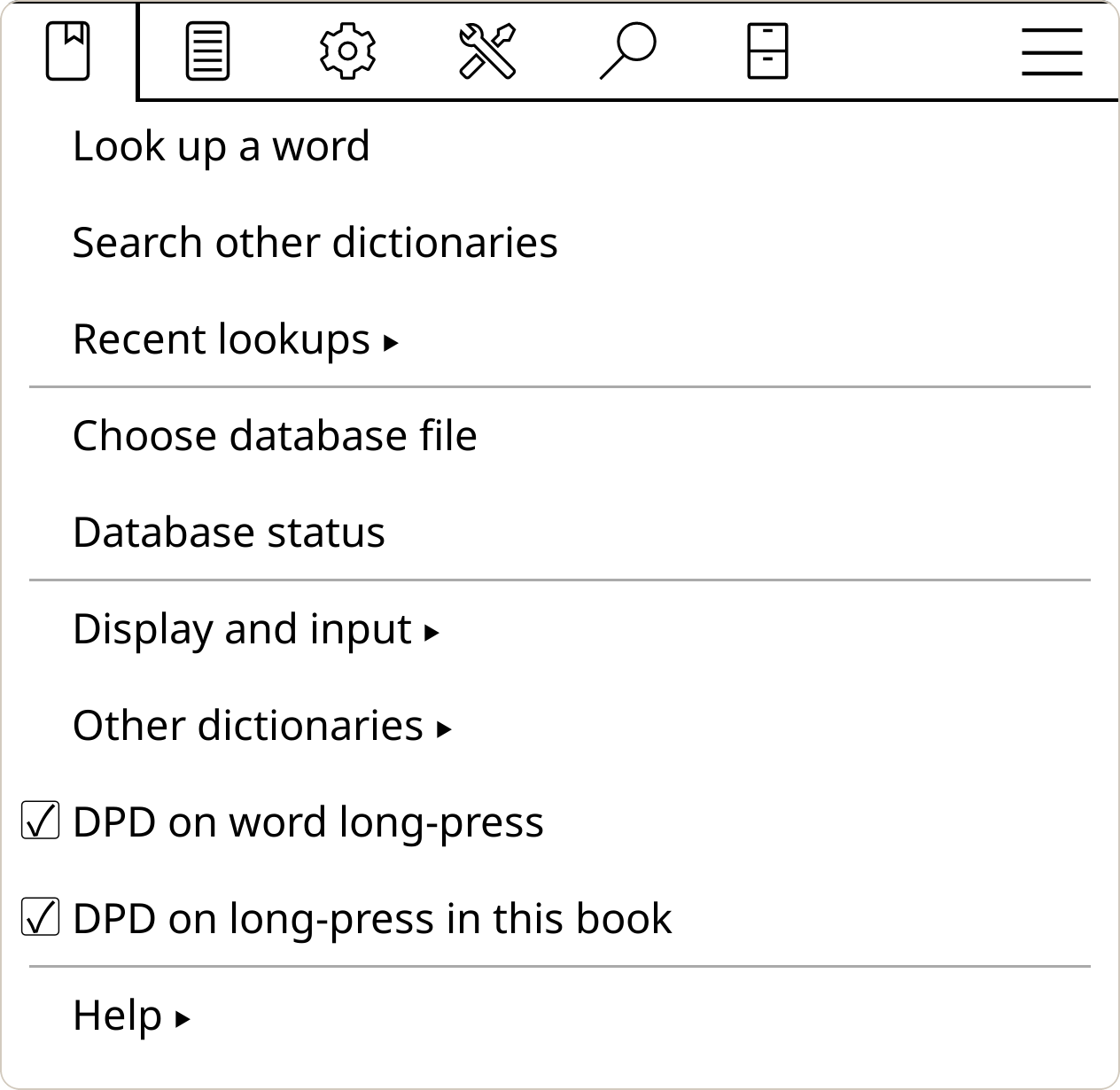 the DPD menu in KOReader