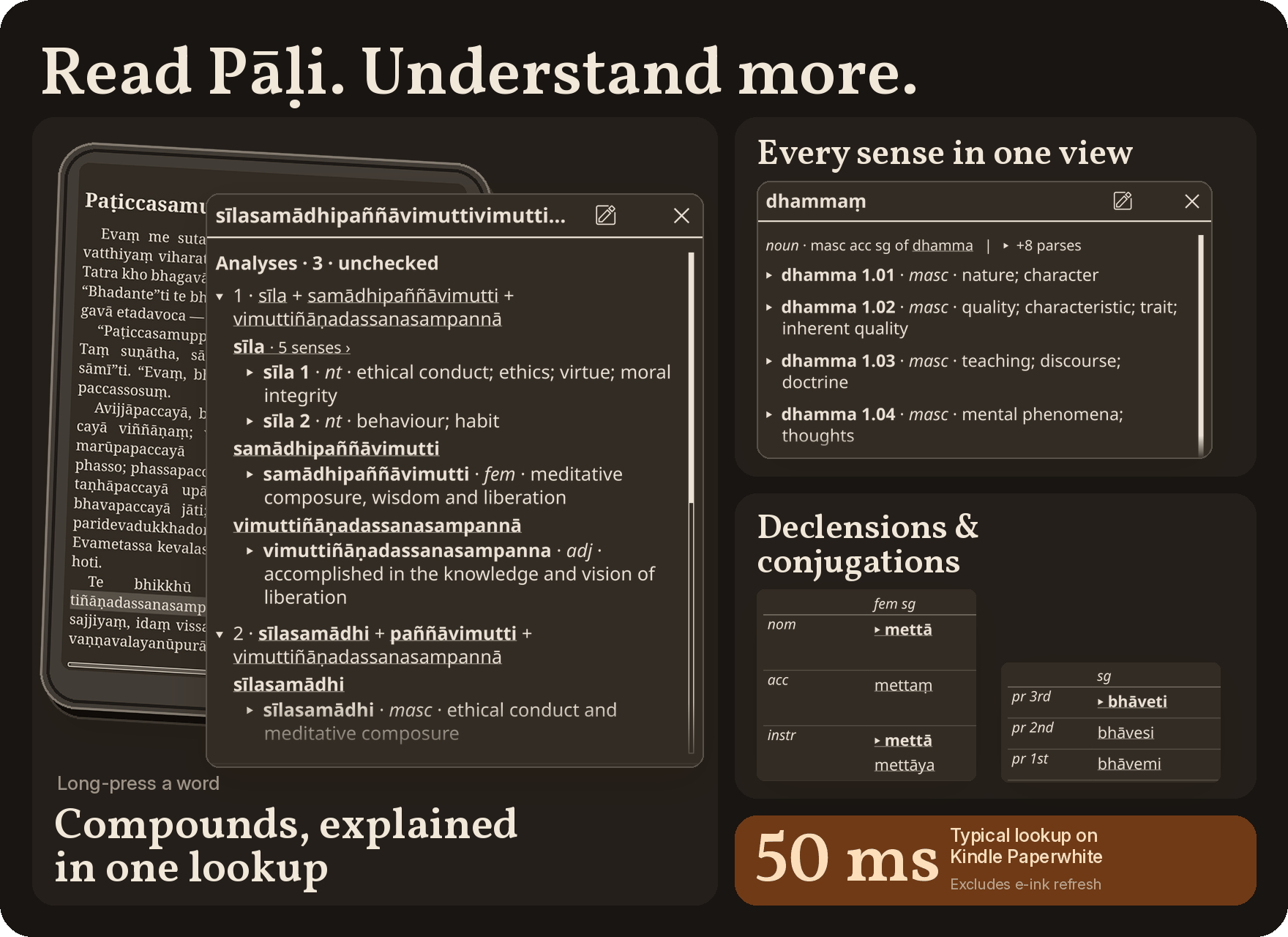 DPD for KOReader: compounds explained in one lookup, every sense in one view, declensions and conjugations