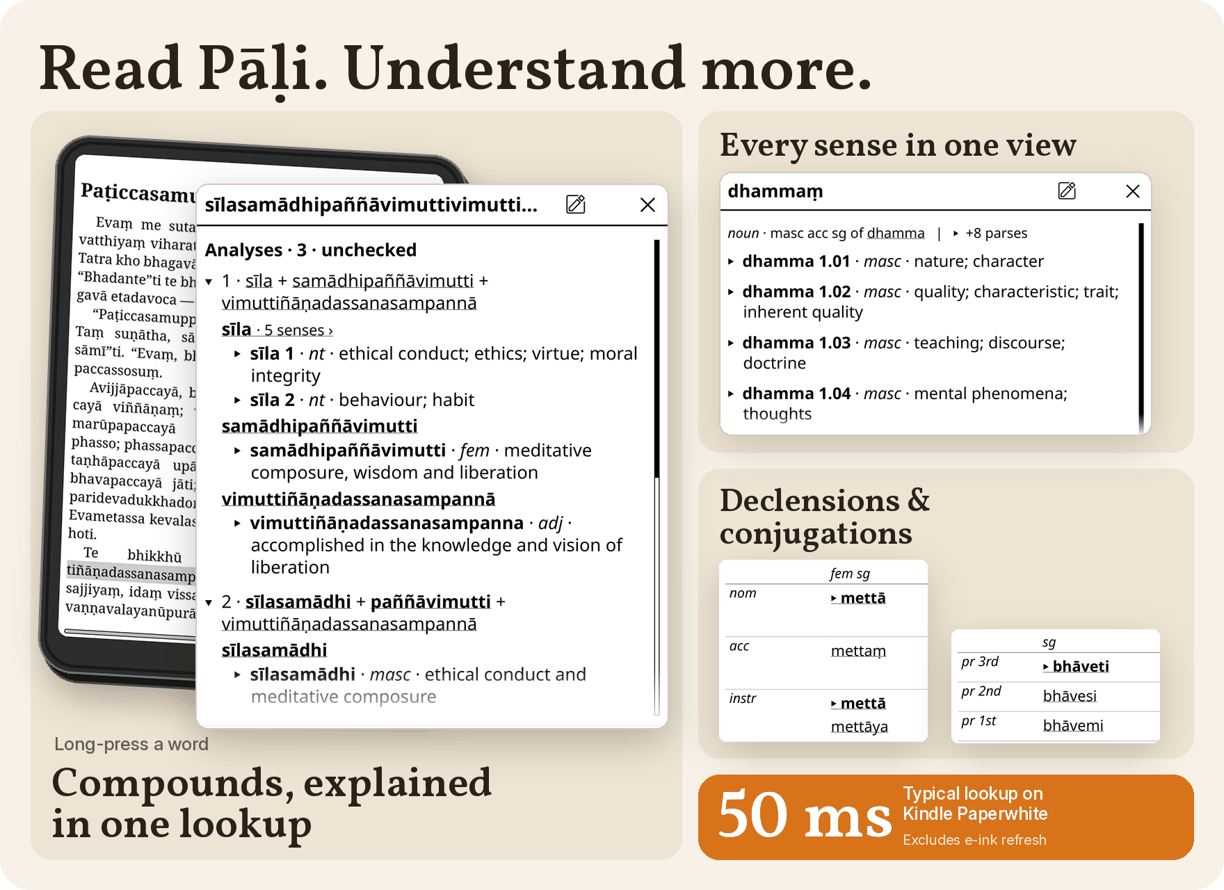 DPD for KOReader: compounds explained in one lookup, every sense in one view, declensions and conjugations