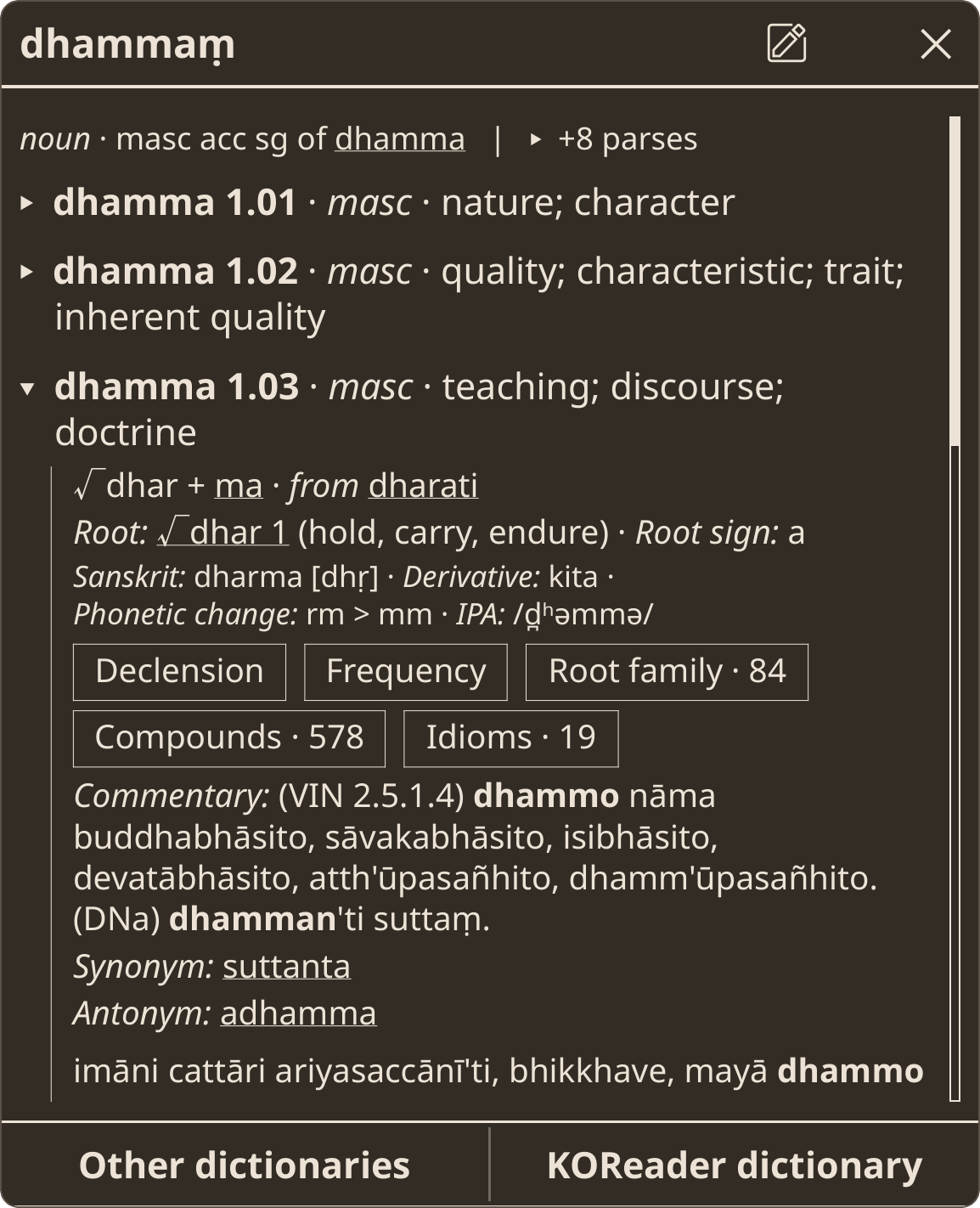 the senses of dhammaṃ, one expanded