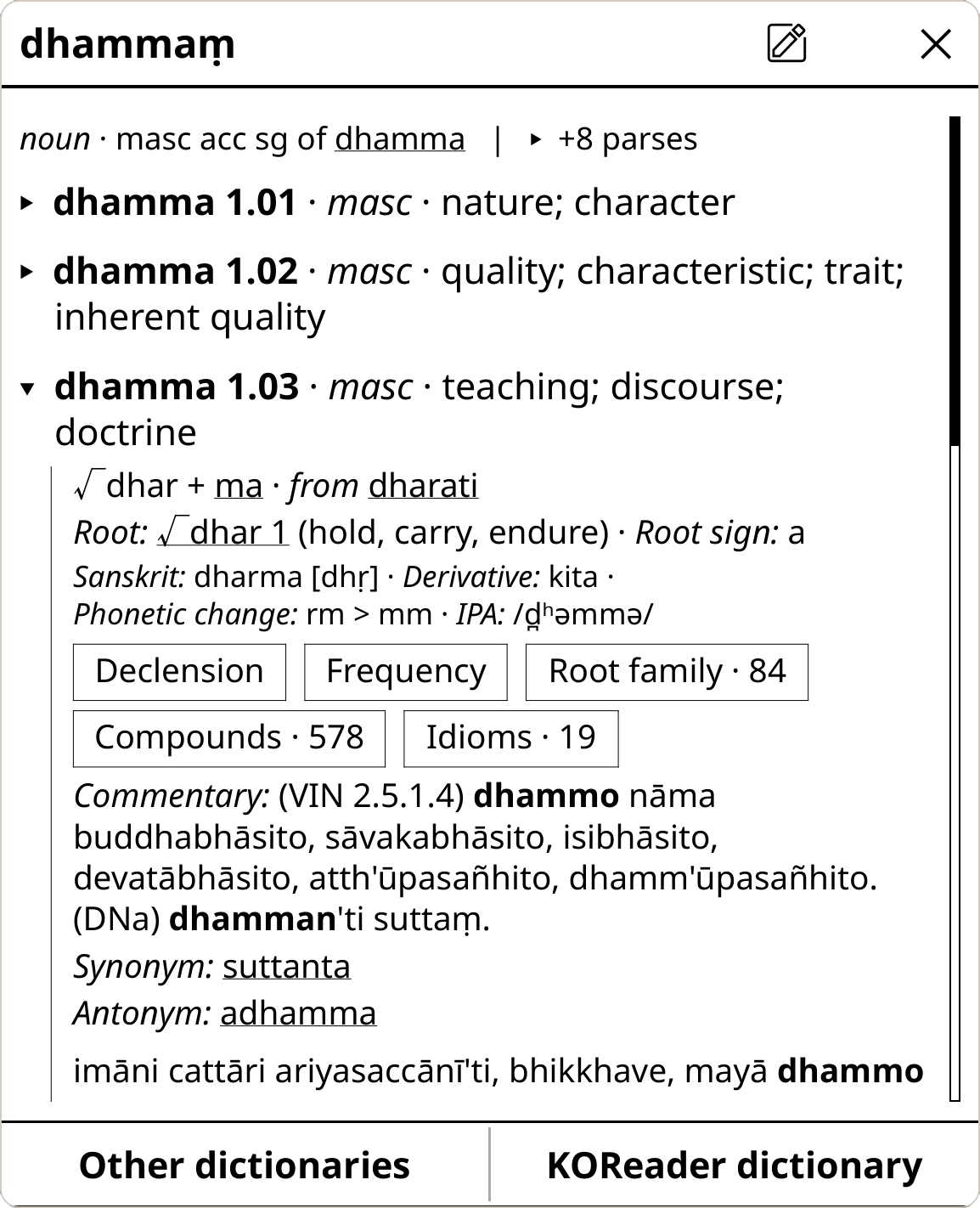 the senses of dhammaṃ, one expanded